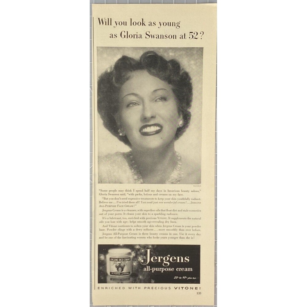 Jergens All-Purpose Face Cream "Gloria Swanson at 52?"  Vintage Print Ad 1951